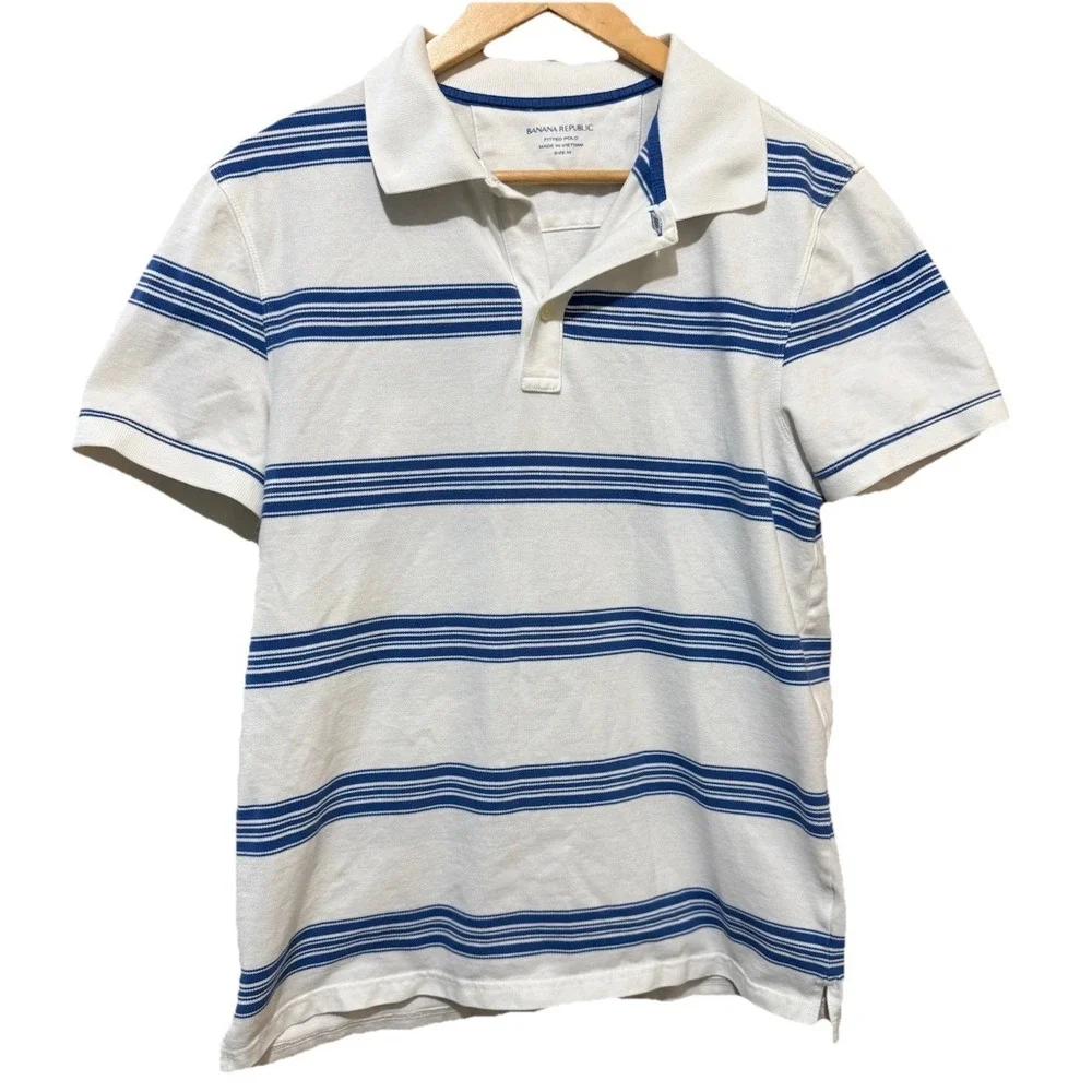 Banana‎ Republic Blue Striped Fitted Polo Shirt Size Medium EUC